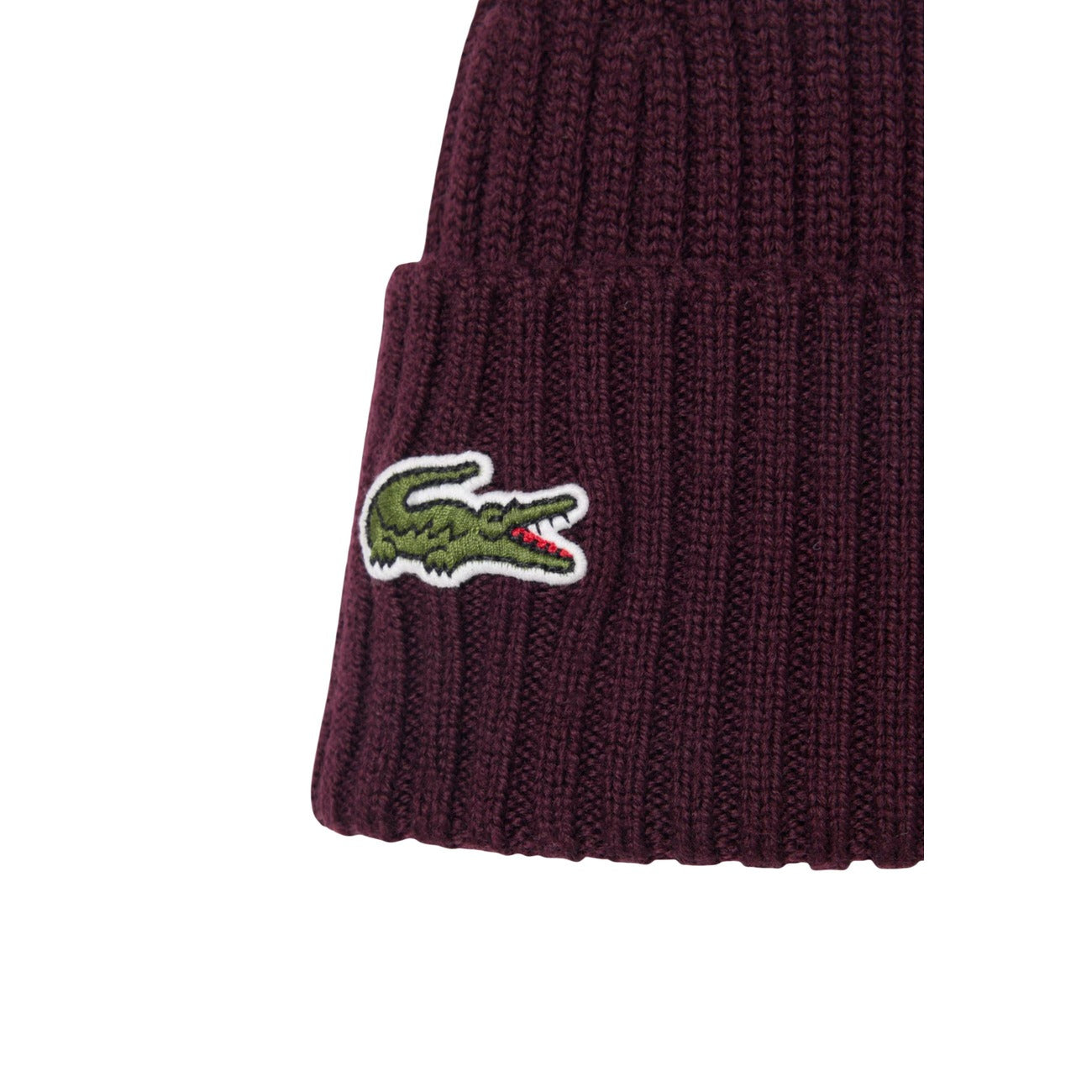 Cappello Lacoste unisex bordeaux in lana a coste. Berretto caldo da uomo e donna con risvolto e logo coccodrillo ricamato, abbigliamento e accessori autunno inverno.
