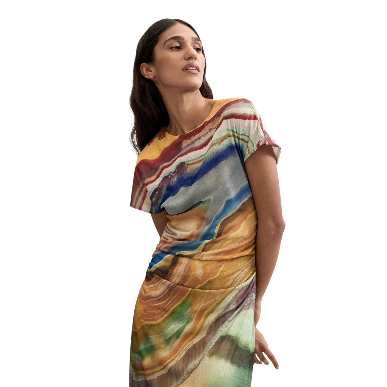 Abito Desigual donna midi multicolore modello VEST_ZAGREB a linee ondulate. Vestito estivo in maglia leggera a maniche corte stampato stile colorato, allegro, casual e urban chic.