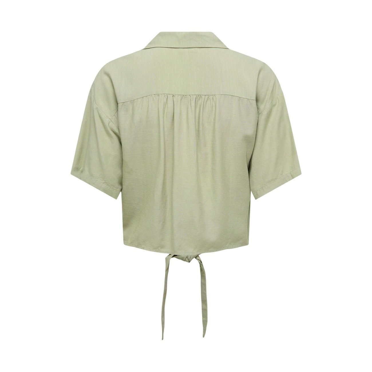 Camicia JDY Jdycaya; 90% viscosa, 10% lino. Taglio cropped con nodo, maniche corte, colletto classico. Tessuto fluido e traspirante, stile minimal-chic per l'estate. Colore verde vista posteriore 