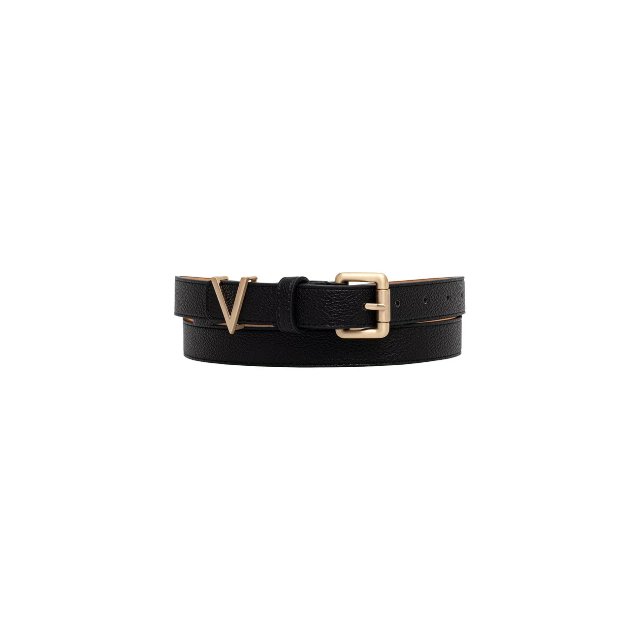 Cintura Nera Donna Valentino Bags Bloom; Tessuto 100% poliuretano effetto pelle con fibbia squadrata in metallo dorato. Passante con logo V istituzionale, stile elegante e versatile 4 stagioni. Frontale 