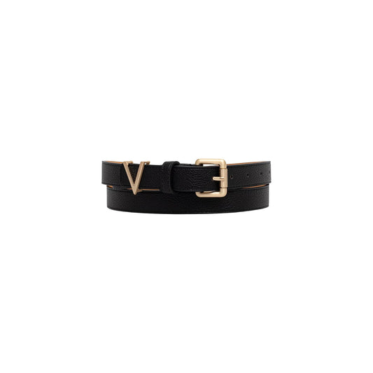 Cintura Nera Donna Valentino Bags Bloom; Tessuto 100% poliuretano effetto pelle con fibbia squadrata in metallo dorato. Passante con logo V istituzionale, stile elegante e versatile 4 stagioni. Frontale 