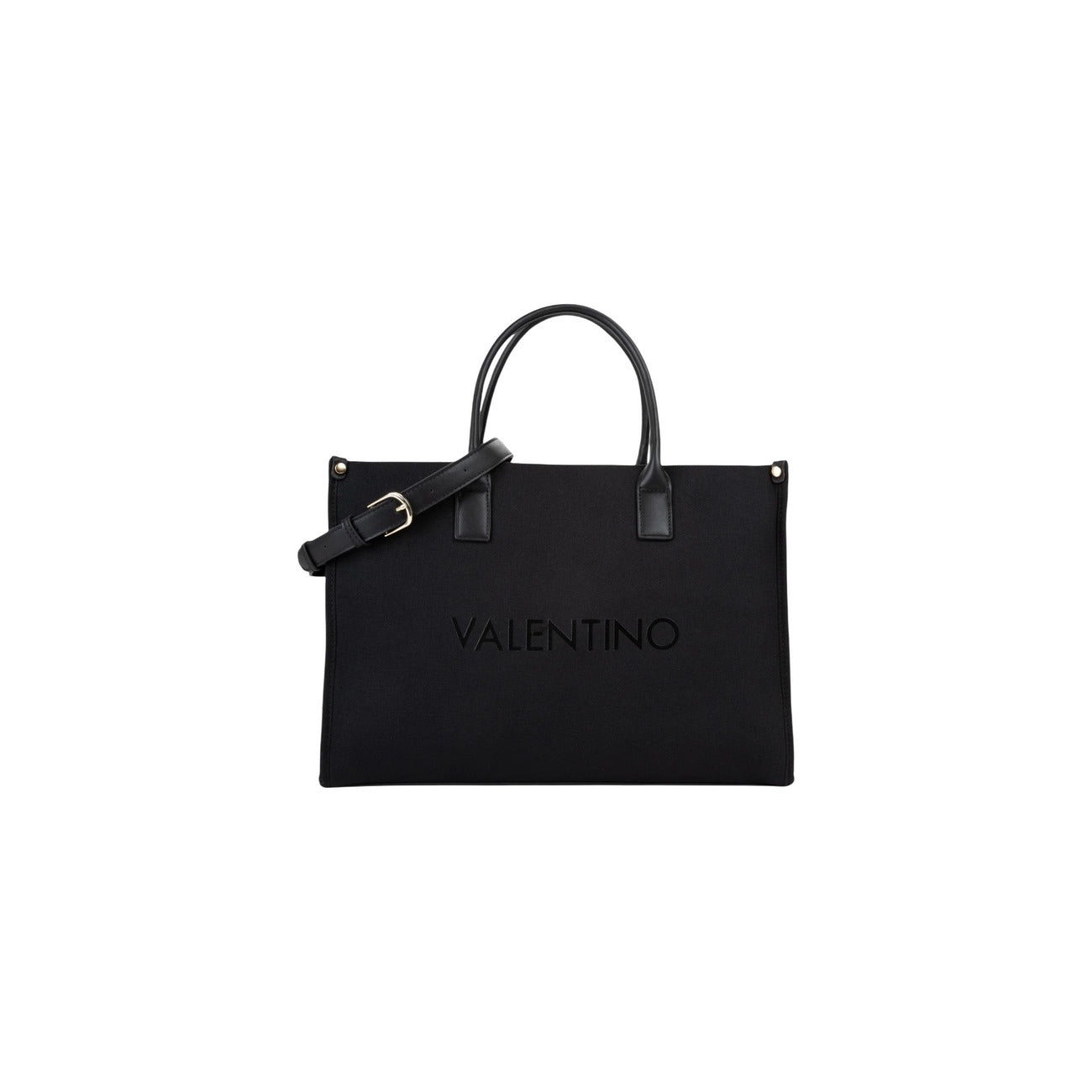 Borsa Valentino Bags VBS9U304; 100% poliuretano, manici rigidi + tracolla. Logo frontale, dettagli metallici, grande capacità interna. Shopping bag elegante, resistente e versatile. Colore nero 