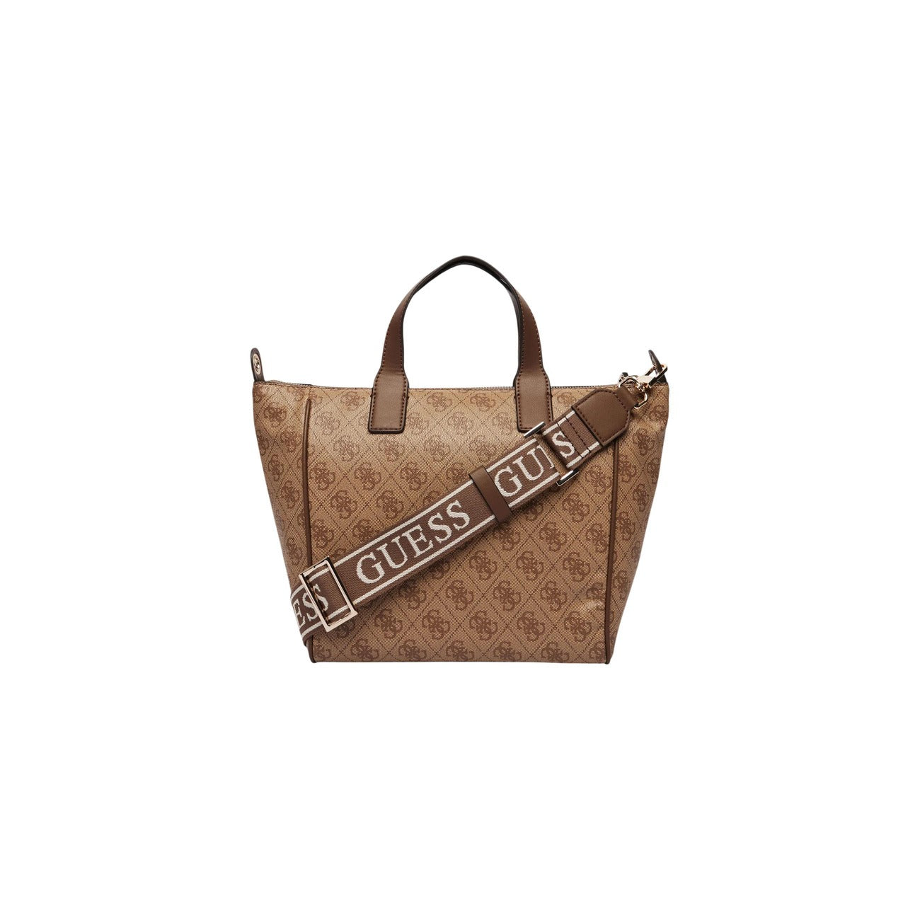 Borsa Tote Donna Beige Guess Follie; Struttura 100% poliuretano con motivo logo all-over e chiusura a zip. Doppi manici a mano e tracolla sportiva regolabile con scritta Guess, stile casual-elegante 4 stagioni. Posteriore 
