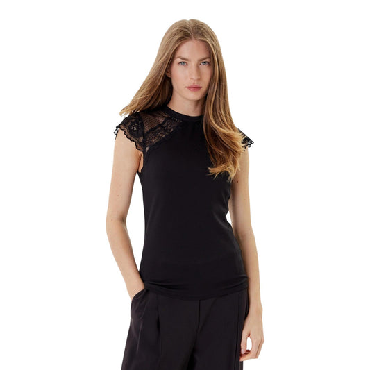T-shirt Donna Nera Morgan De Toi 252-DODO; Maglia elasticizzata slim a maniche corte con inserti in pizzo sulle spalle e retro trasparente in tulle a pois con chiusura a goccia. Vista frontale 