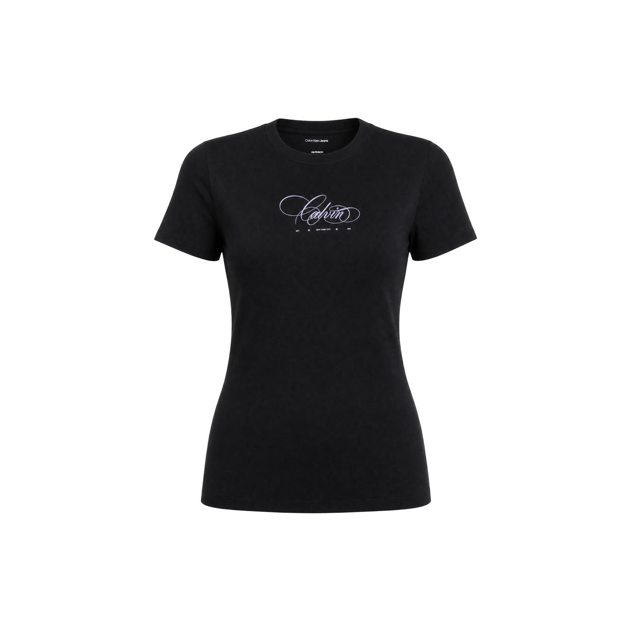 T-shirt Donna Nera Calvin Klein Jeans; 100% Cotone. Taglio classico regolare, maniche corte e scollo tondo. Stampa frontale con raffinata grafia logo a contrasto, tessuto leggero stile casual-urban. Vista frontale stesa 