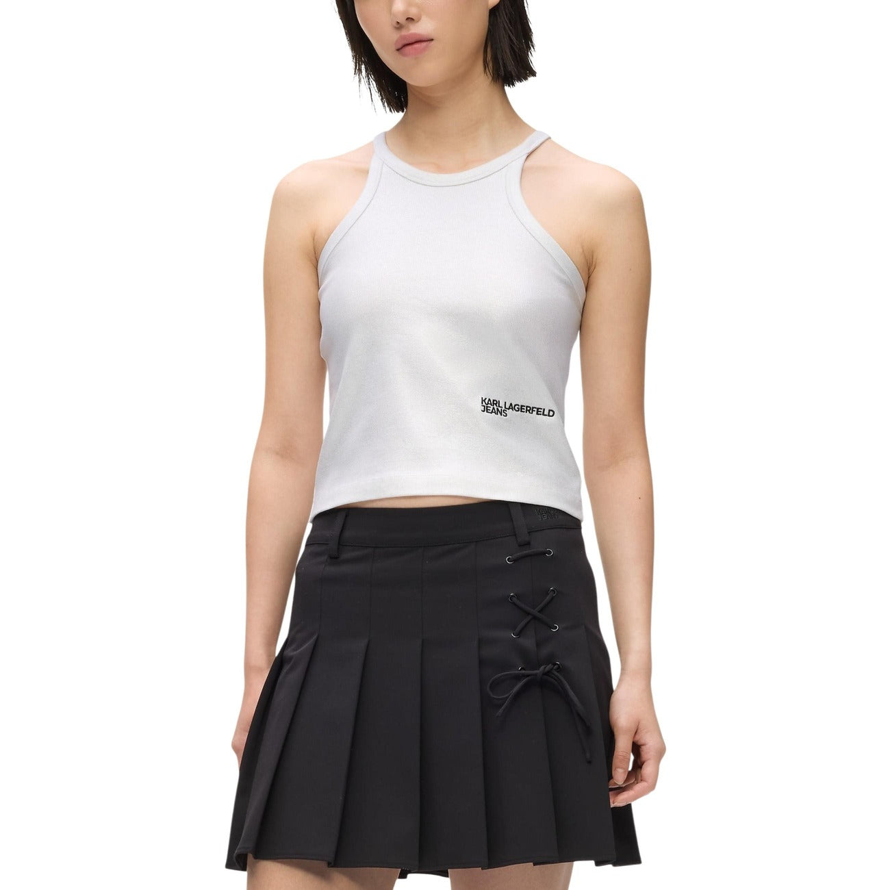 Top canotta donna Karl Lagerfeld Jeans modello COATED RIBBED TANK argento a coste con effetto coated
