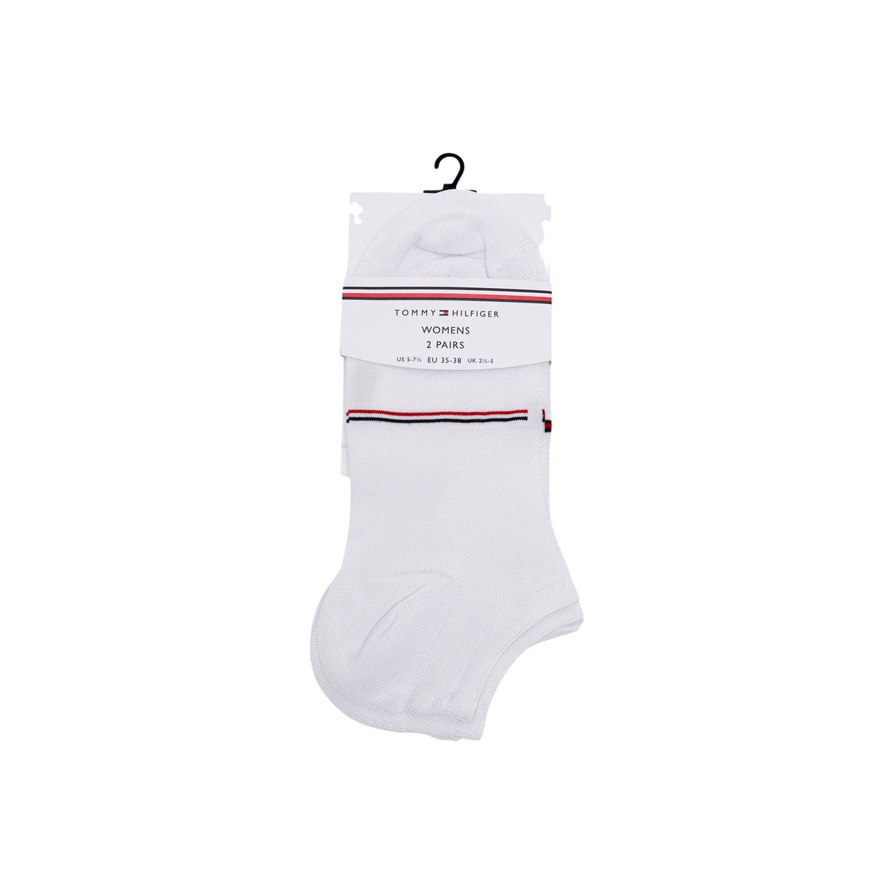 Pack 2 Paia Calzini Sneaker Tommy Hilfiger Mesh; Bianco. 72% Viscosa, 27% Poliammide, 1% Elastam. Trama a rete traspirante, effetto seta, bordo a righe sottili.