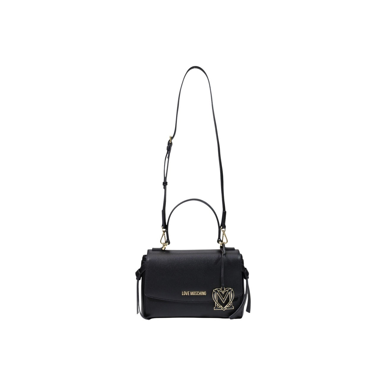 Borsa Love Moschino donna nera a mano modello JC4061PP. Borsetta media rigida effetto pelle nera con tracolla, patta e charm dorato pendente stile elegante, casual chic e da sera.