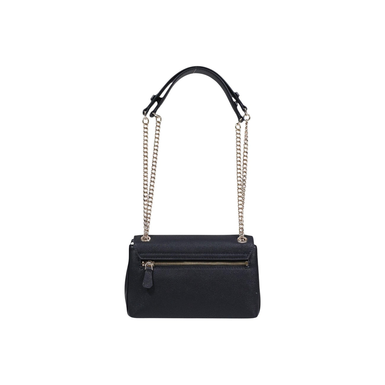 Borsa Guess Yesba Convertible Xbody; 100% Poliuretano. Chiusura con patta e fibbia, dettagli metallici, tracolla removibile. Borsa media elegante, versatile e sicura. Colore nero. Vista posteriore 