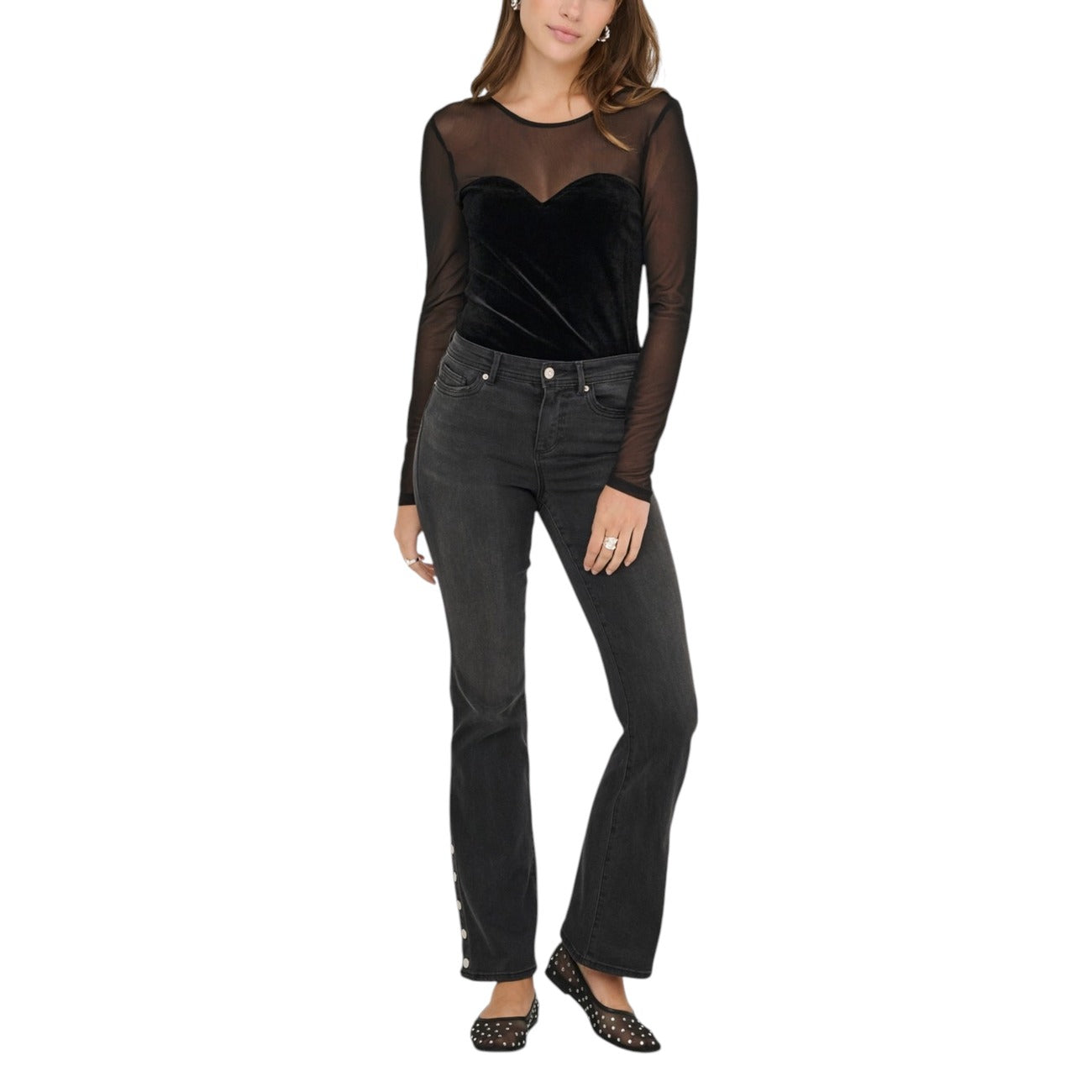 Only T-shirt Donna Nera Maniche Lunghe Scollo Tondo - T-shirt Poliestere Elastan