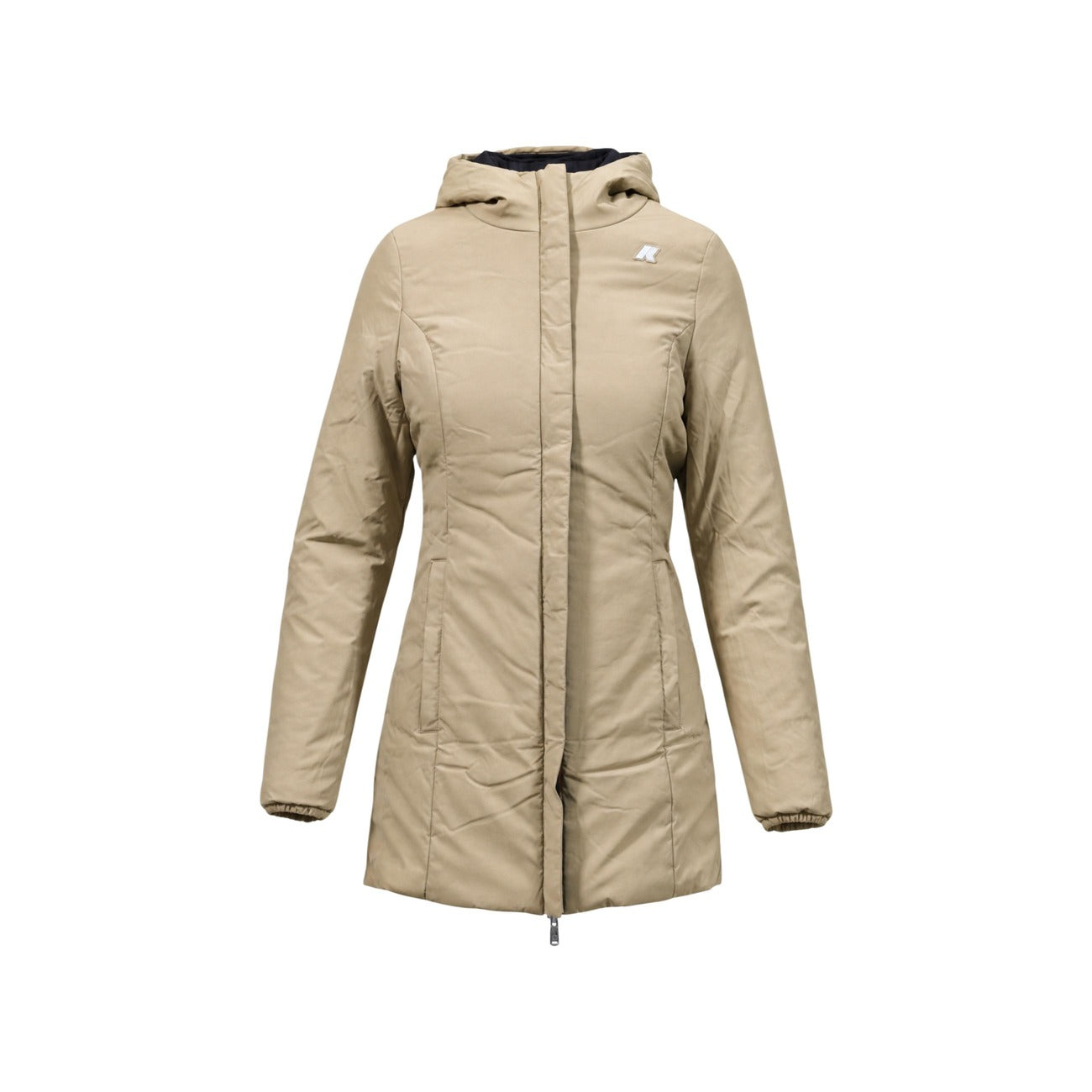 Parka K-Way donna reversibile Denise K6128UW. Giacca a tre quarti impermeabile con cappuccio regolabile, tessuto elasticizzato traspirante, imbottitura mezza stagione, tasche con zip e logo in silicone bianco.