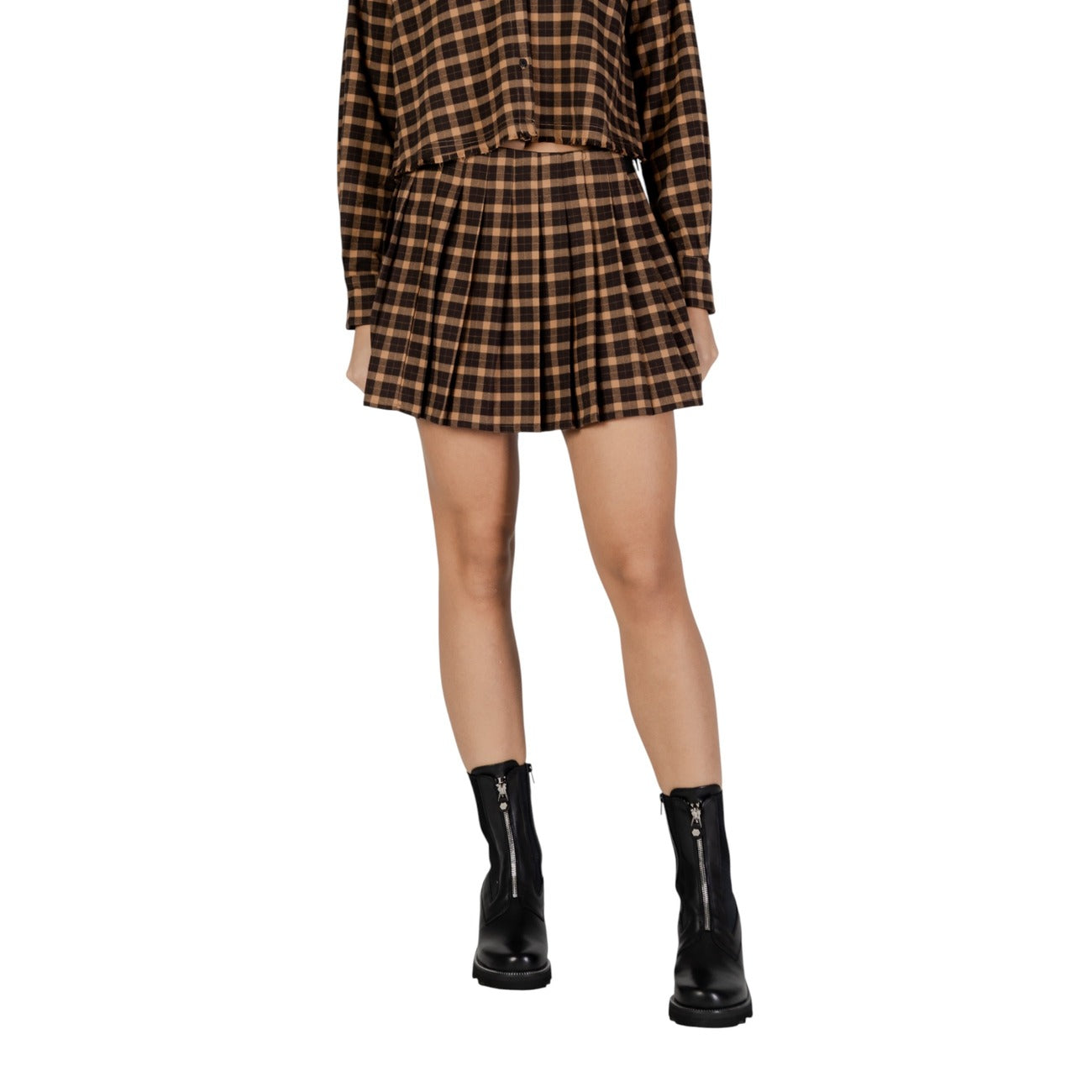 Only Gonna Donna Marrone a Quadri con Cerniera - Gonna Poliestere Viscosa Elastan