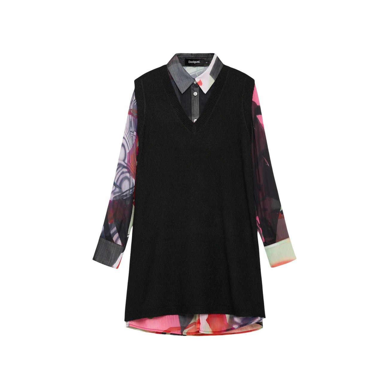 Abito Desigual Christian Lacroix donna nero VEST_MAMEN_LACROIX. Vestito chemisier bimateriale a maniche lunghe stampate e colletto camicia, realizzato in tessuto ecosostenibile riciclato, collezione autunno inverno.