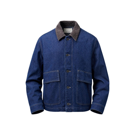 Giacca denim Only & Sons Onskaizen Rinse 22039417 blu uomo. Giambotto in tessuto jeans con colletto a contrasto in velluto a costine, abbottonatura frontale e tasconi applicati, abbigliamento uomo mezza stagione.