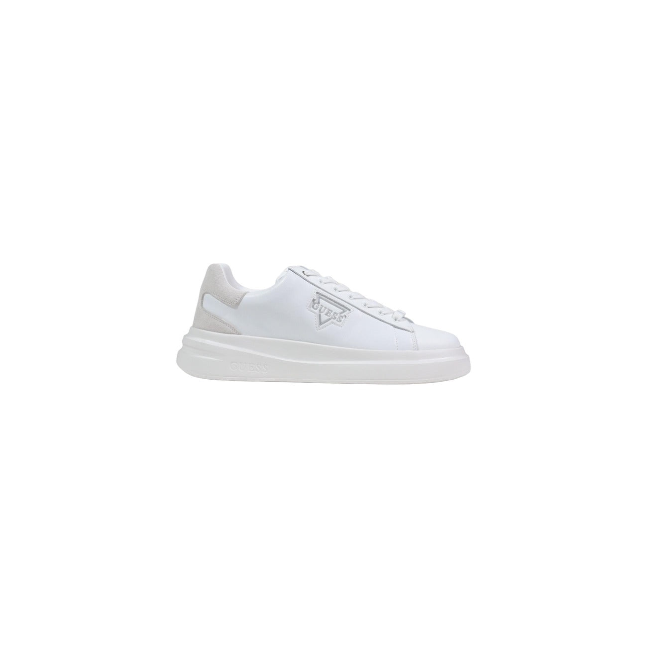 Sneakers Guess Elban; Bianco, Mix Poliestere/Suede. Logo in rilievo, suola 3 cm, calzata comfort. Design 4 stagioni, stile casual-chic. Vista laterale 