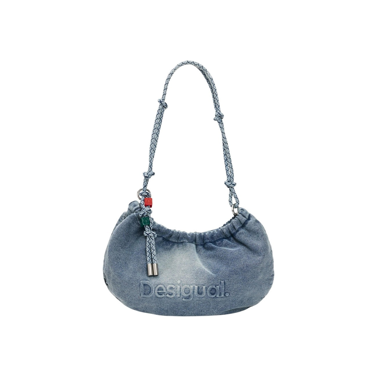 Borsa ovale in denim Desigual; manico trekking, tracolle intercambiabili, charm portacarte removibile, logo inciso. Design convertibile SS26. Vista frontale 