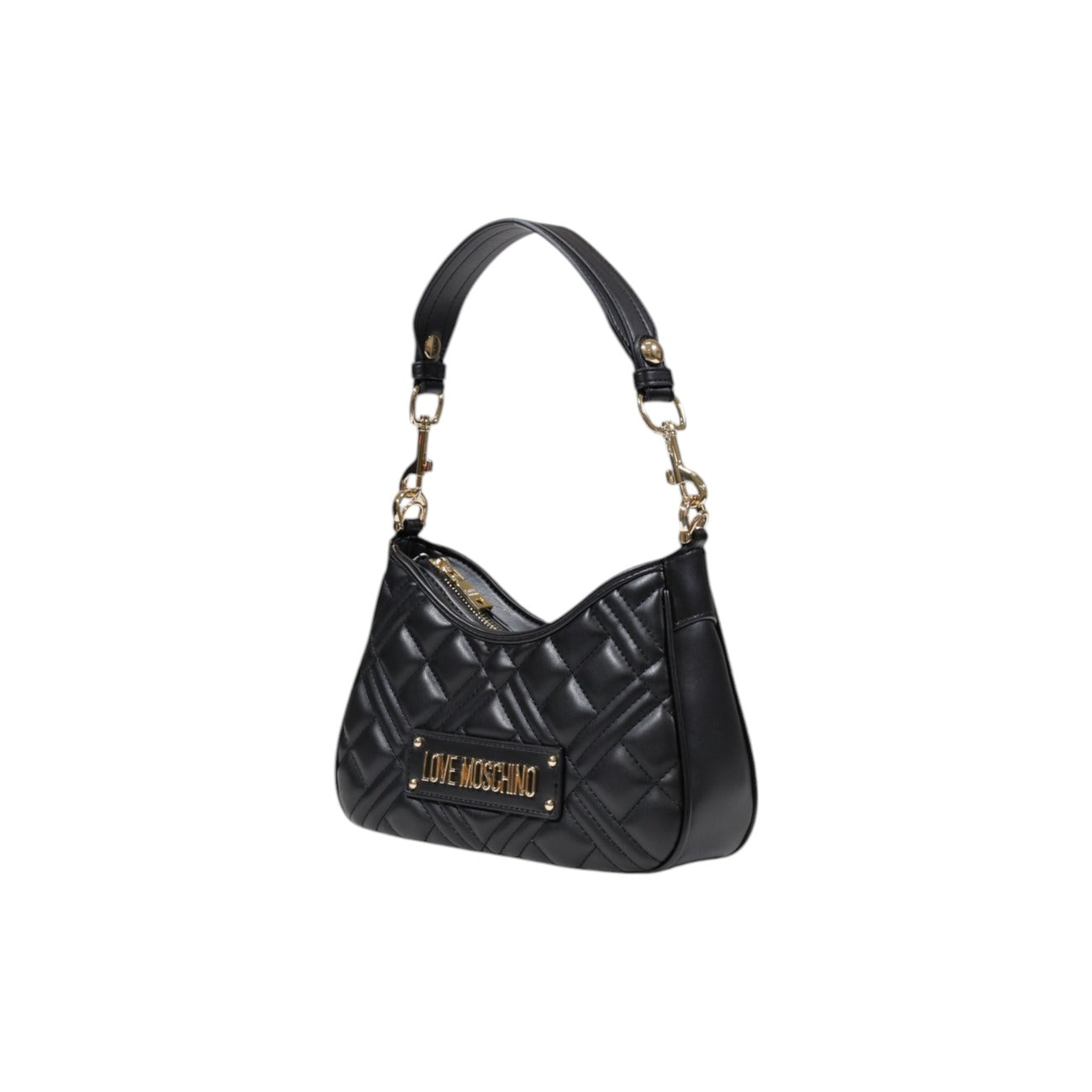 Borsa Love Moschino donna nera a spalla modello JC4152PP1M. Borsetta piccola trapuntata in ecopelle nera con manico a catena corta oro e placca logo stile casual chic, elegante e da sera.