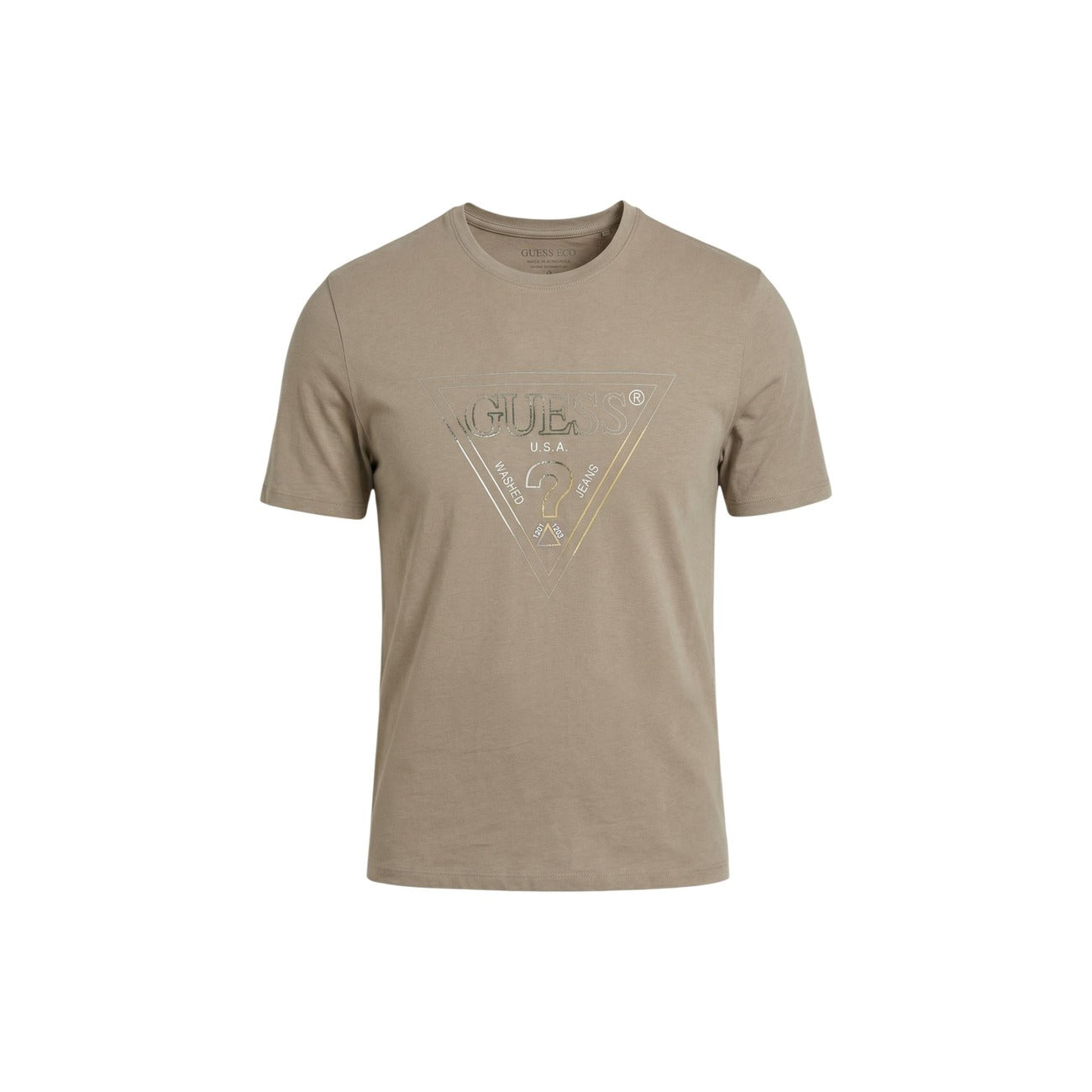Dettaglio t-shirt Guess CN SS TRIANGLE HD MULTICOLOR T uomo beige con stampa triangolo multicolore e scollo tondo