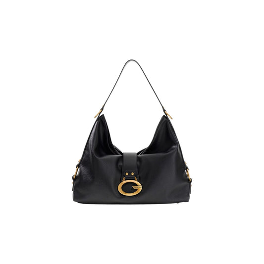 Borsa Shopping Nera Donna Guess Camden Decor Vintage; Similpelle nera con chiusura a zip, tasche interne e minuteria in bronzo antico. Doppi manici e logo metallico frontale, stile elegante autunno-inverno. Vista frontale 
