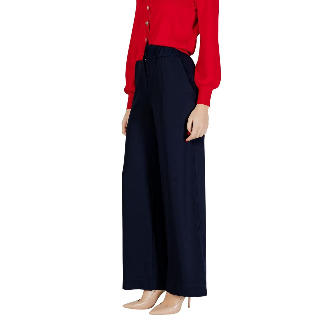 Pantaloni Morgan De Toi donna blu con zip - vista laterale indossata da modello
