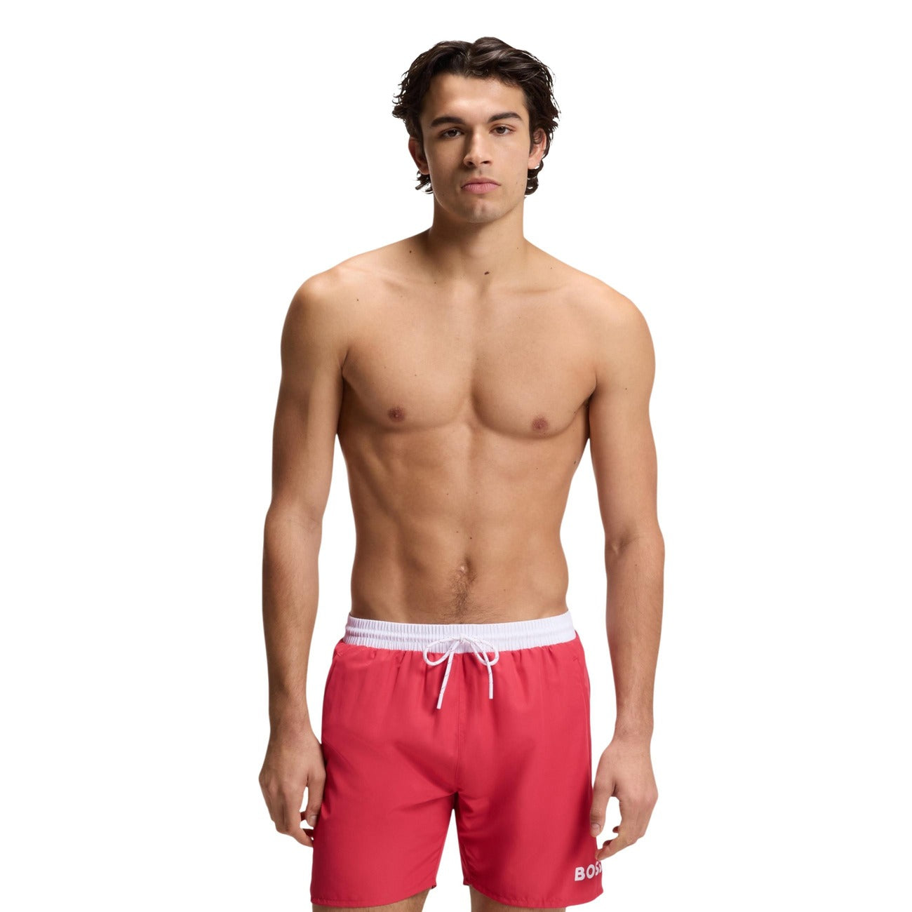 Boss Starfish Swim Shorts 10259586; 100% poliestere riciclato, vestibilità regolabile. L'essenziale Boss per uno stile mare sostenibile e raffinato. Colore corallo. Vista frontale 