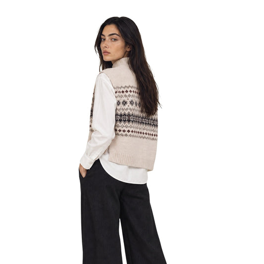 Gilet maglia donna Pieces – Maglione smanicato bianco collo alto jacquard 17166797.
