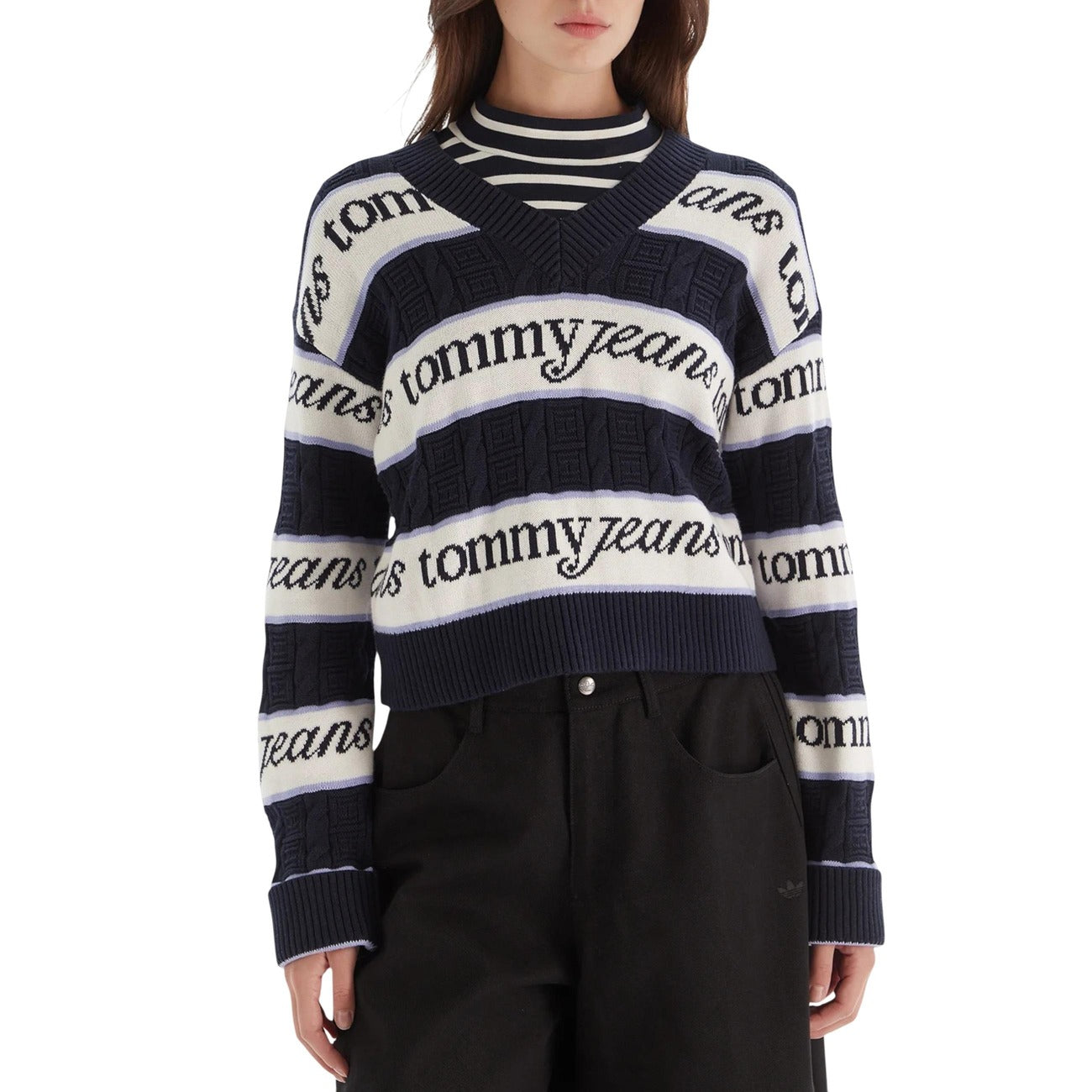 Tommy Hilfiger Jeans Maglia Donna Blu a Righe Maniche Lunghe Scollo V - Maglia Cotone Organico