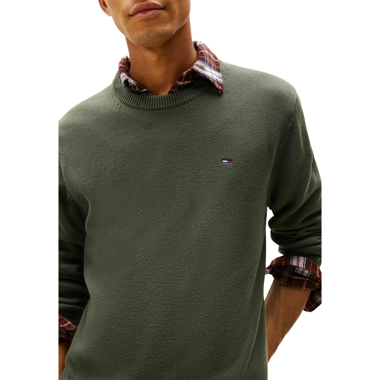 Tommy Hilfiger Jeans Maglia Uomo Verde Scollo Tondo Manica Lunga Cotone Organico Autunno Inverno DM0DM21787