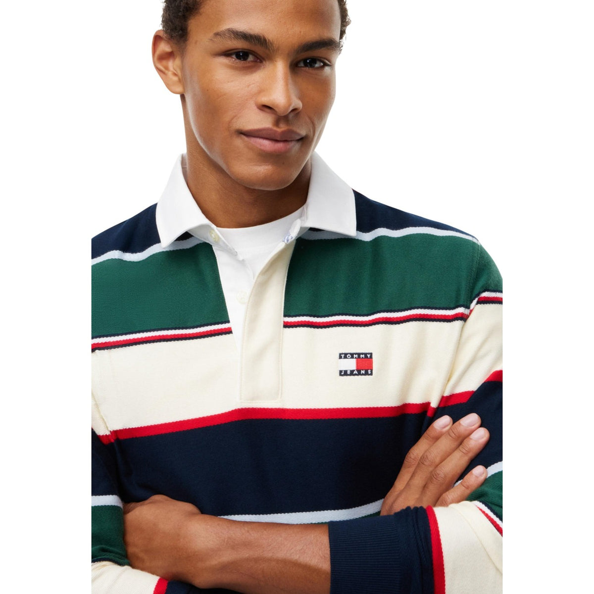 Polo uomo manica lunga Tommy Jeans verde – Polo a righe in cotone rigenerato DM0DM23627.