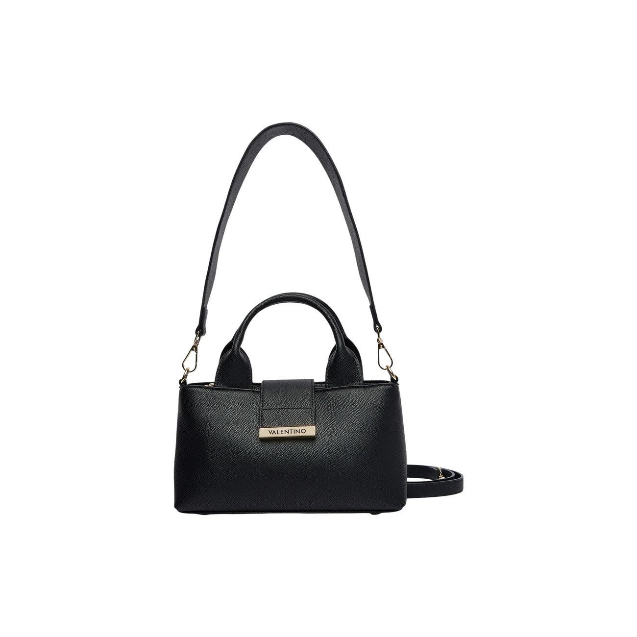 Borsa Piccola Nera Donna Valentino Bags Dione; Misure 11x19x11 cm. Tessuto 100% poliuretano martellato con manico e tracolla rimovibile. Chiusura a zip sotto patta e logo frontale dorato, stile elegante 4 stagioni.
