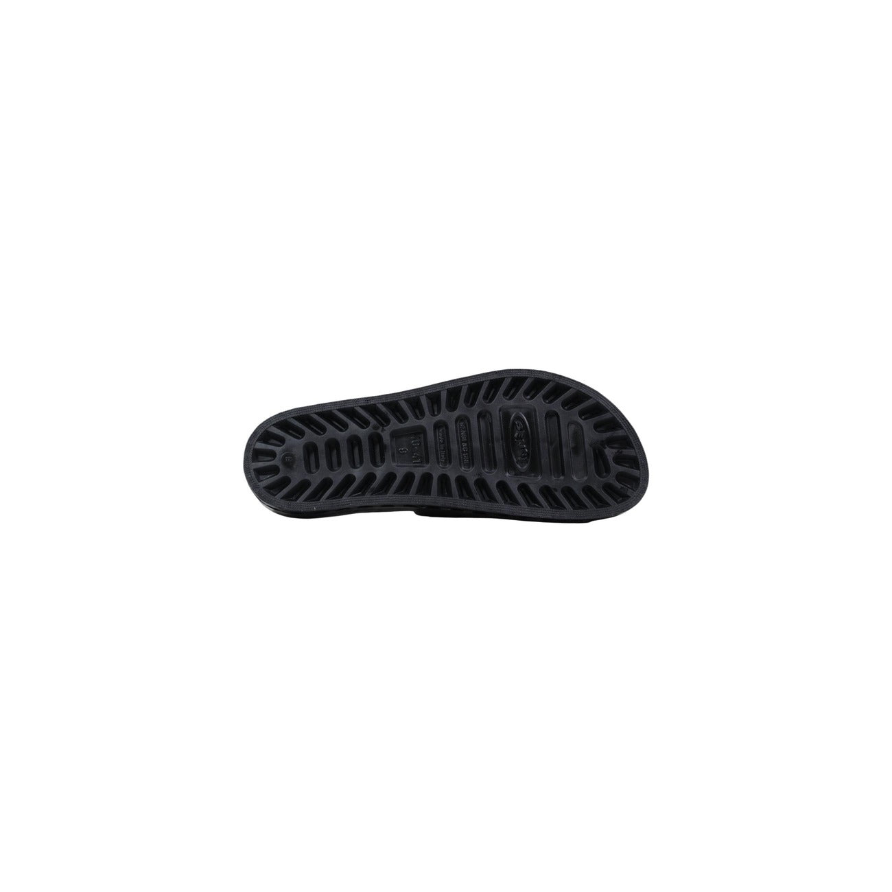 Slide Sensi La Jolla Urban Nere; 100% PVC. Doppia fascia regolabile, suola ergonomica traforata anti-ristagno, altezza 2 cm. Leggere, ultra-resistenti e lavabili. Design Made in Italy. Vista suola 