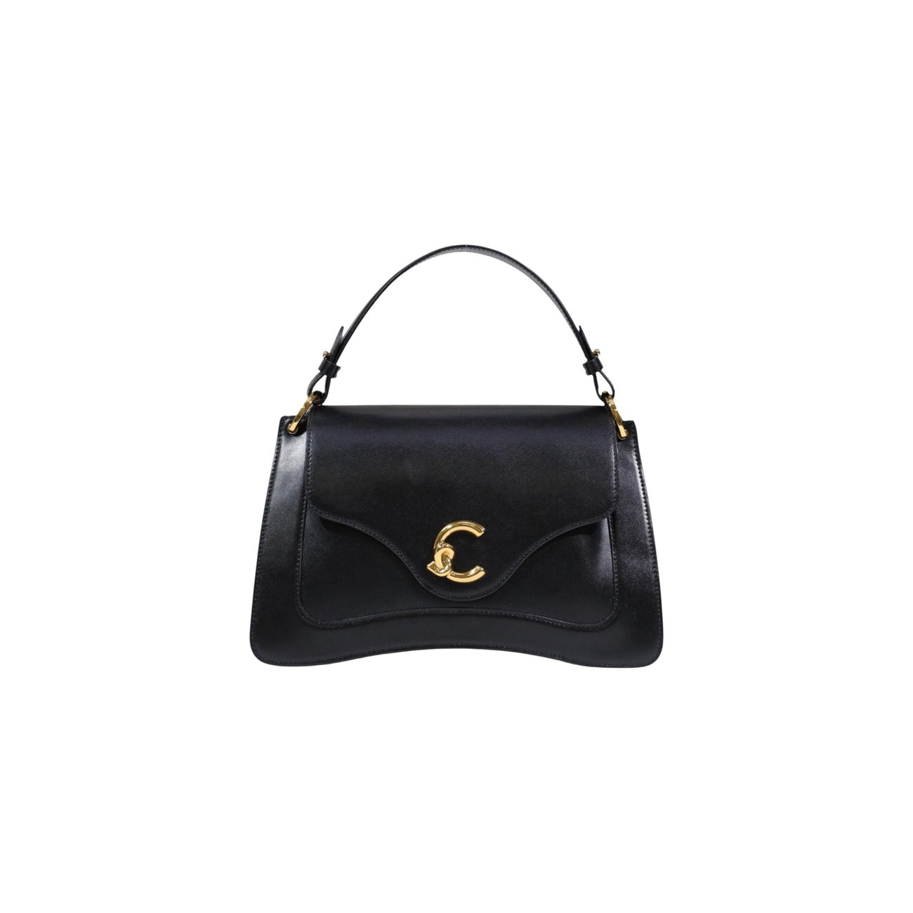Borsa Coccinelle C-Me Calf Nera; 100% Vera Pelle. Chiusura magnetica, interno a soffietti, tre scomparti, dettagli gold. Borsa a mano e tracolla donna, design premium. Vista frontale 