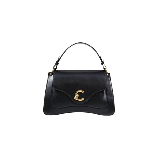 Borsa Coccinelle C-Me Calf Nera; 100% Vera Pelle. Chiusura magnetica, interno a soffietti, tre scomparti, dettagli gold. Borsa a mano e tracolla donna, design premium. Vista frontale 