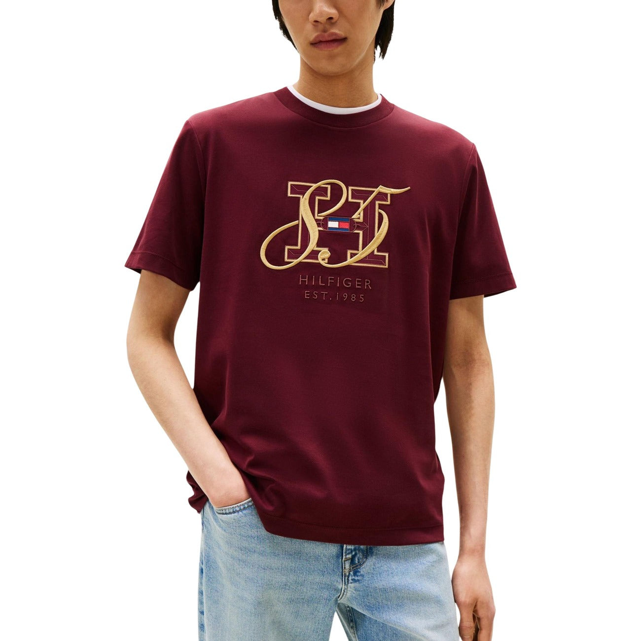 Tommy Hilfiger T-Shirt Uomo Bordeaux Stampa Maniche Corte Scollo Tondo Cotone Organico 87% Elastan 13% Autunno Inverno MW0MW39569