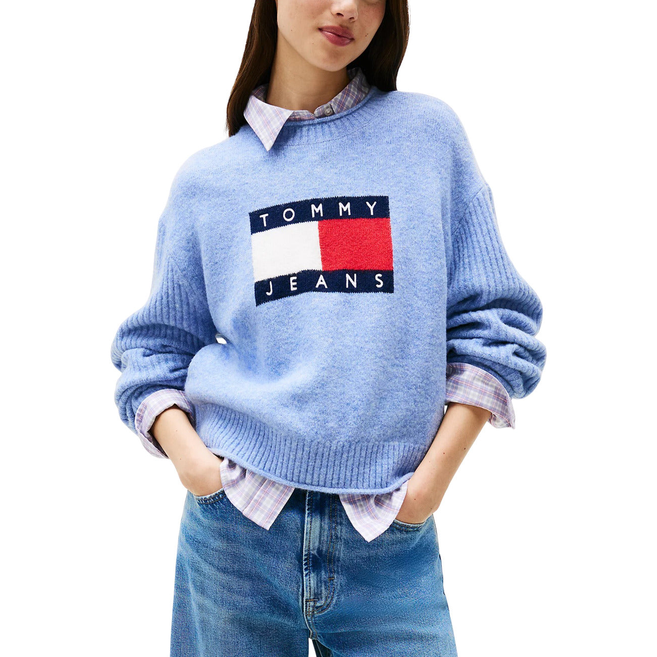 Tommy Hilfiger Jeans Maglione Donna Azzurro Maniche Lunghe - Maglione Acrilico Lana Poliammide Elastan Scollo Tondo