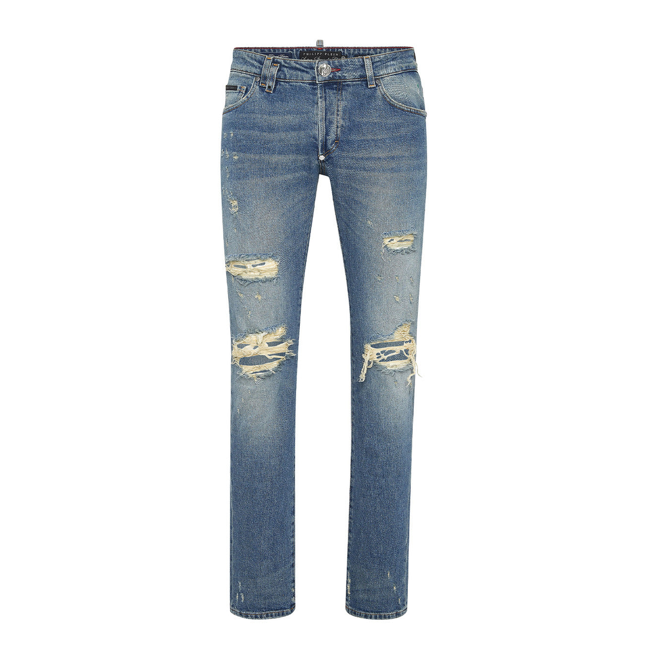 Jeans Philipp Plein BO_1480; Blu Stone Washed. 99% Cotone, 1% Elastan. Vestibilità Skinny, dettagli strappati e usurati, patch in pelle con logo PP Hexagon. Qualità sartoriale Made in Italy. Vista stesa 