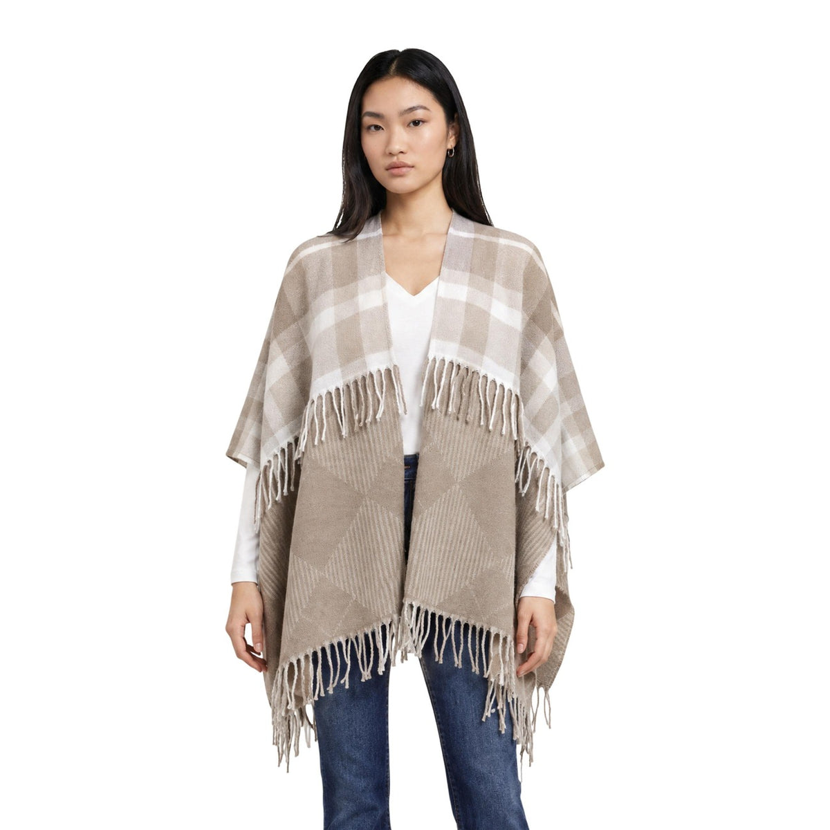 Poncho coprispalle donna Pieces bordeaux beige – Mantella a quadri scozzese con frange 17166846.
