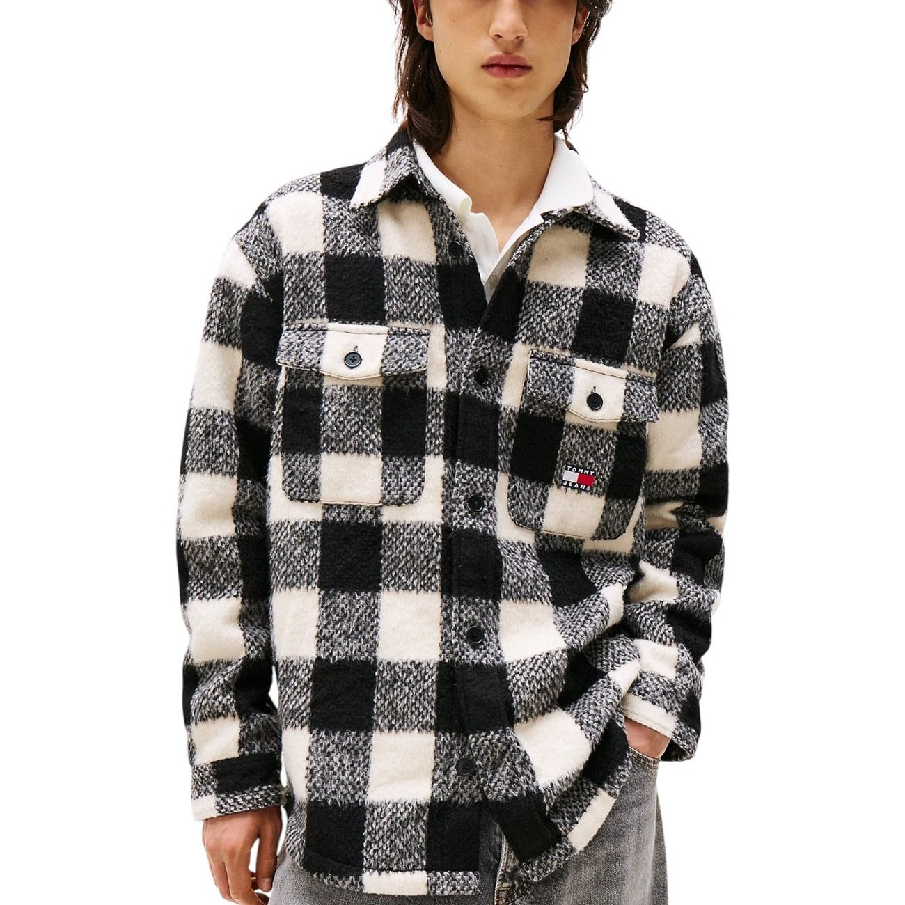 Tommy Hilfiger Jeans Giacca Uomo Nera a Quadri con Bottoni - Giacca Poliestere Maniche Lunghe Colletto Classico