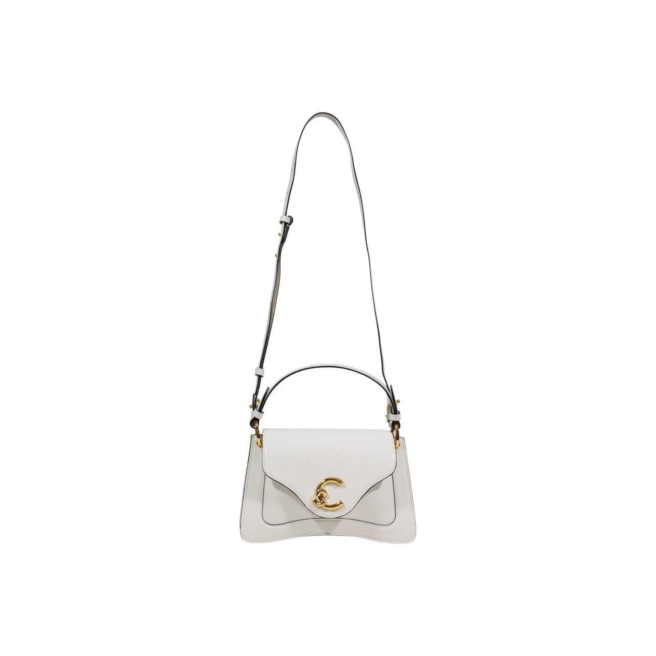 Borsa bianca in pelle con fibbia; chiusura magnetica, tracolla amovibile, peso 630g. Dimensioni compatte 23.5x16x9 cm. Stile minimal ed elegante a lunga durata. Vista frontale con tracolla 