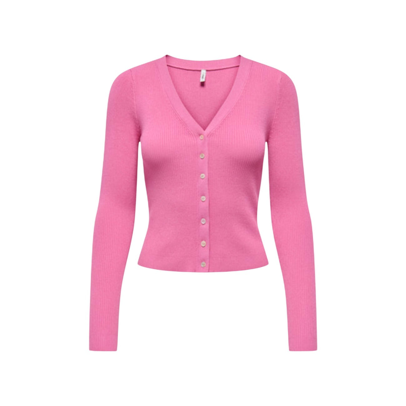 Cardigan rosa aderente Only Onlmist a costine con scollo a V e bottoni, realizzato in misto viscosa e nylon dalla mano morbida.