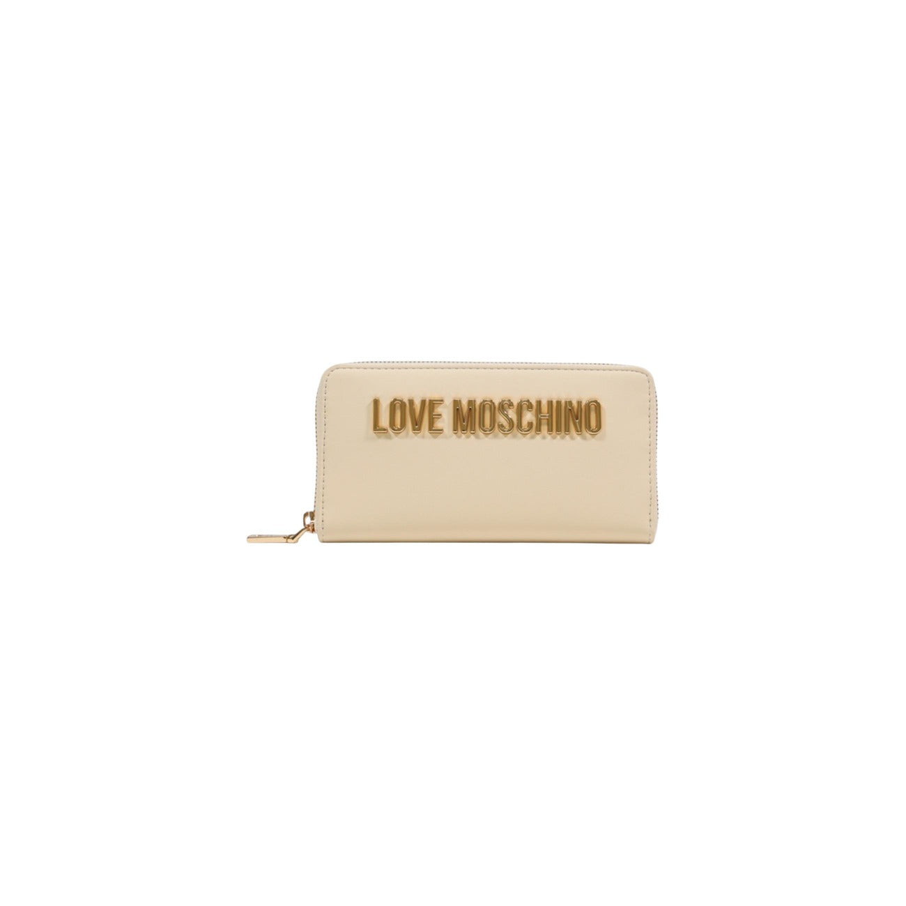 Portafoglio Love Moschino donna beige grande modello JC5611PP1. Portafogli zip-around in ecopelle nera con logo metallico dorato lucido sul davanti e scomparti interni per tessere e monete, stile classico ed elegante.