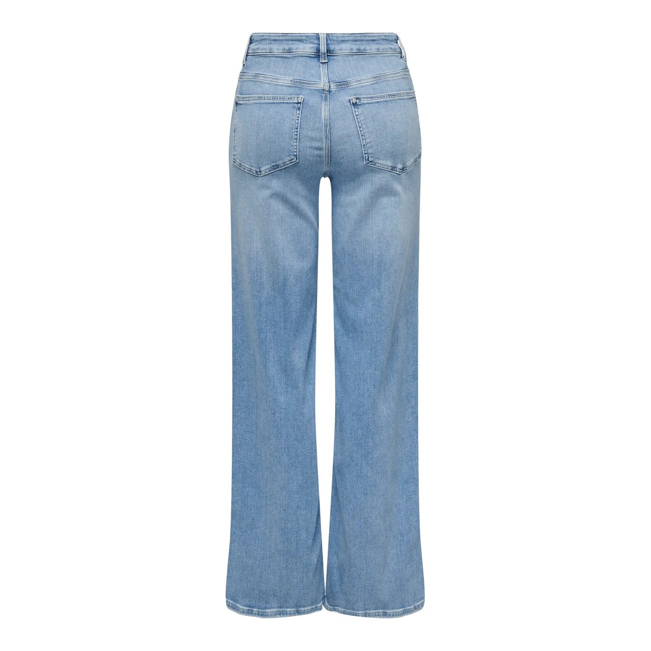 Jeans Donna Blu Chiaro Only; Modello wide fit a gamba larga e vita alta in cotone stretch sostenibile. Cinque tasche, lavaggio leggero slavato brillante stile casual. Posteriore intera  stesa 