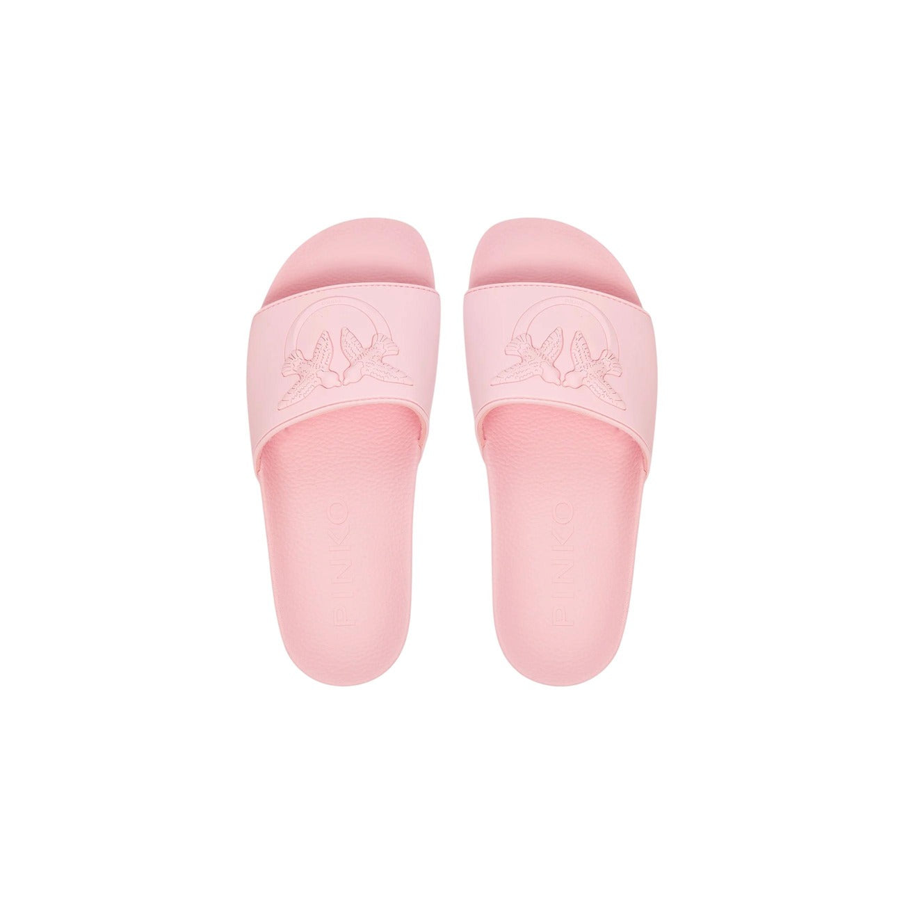 Ciabatte Pinko DILLY 01; 100% PVC. Logo Love Birds in rilievo, fascia ampia, suola anatomica. Slide donna eleganti, impermeabili e confortevoli per l'estate 2026. Colore rosa vista dall’alto 