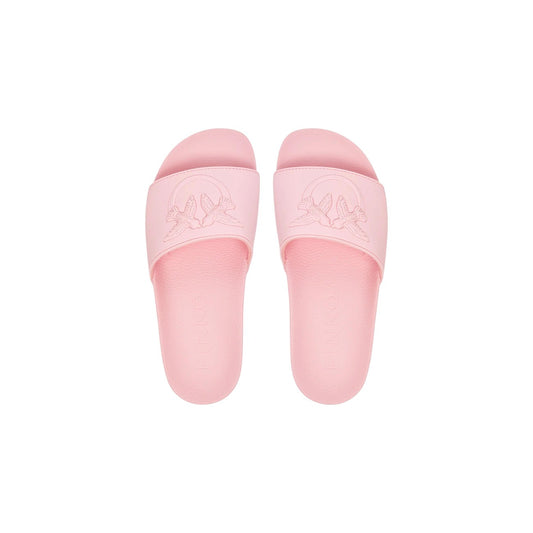 Ciabatte Pinko DILLY 01; 100% PVC. Logo Love Birds in rilievo, fascia ampia, suola anatomica. Slide donna eleganti, impermeabili e confortevoli per l'estate 2026. Colore rosa vista dall’alto 