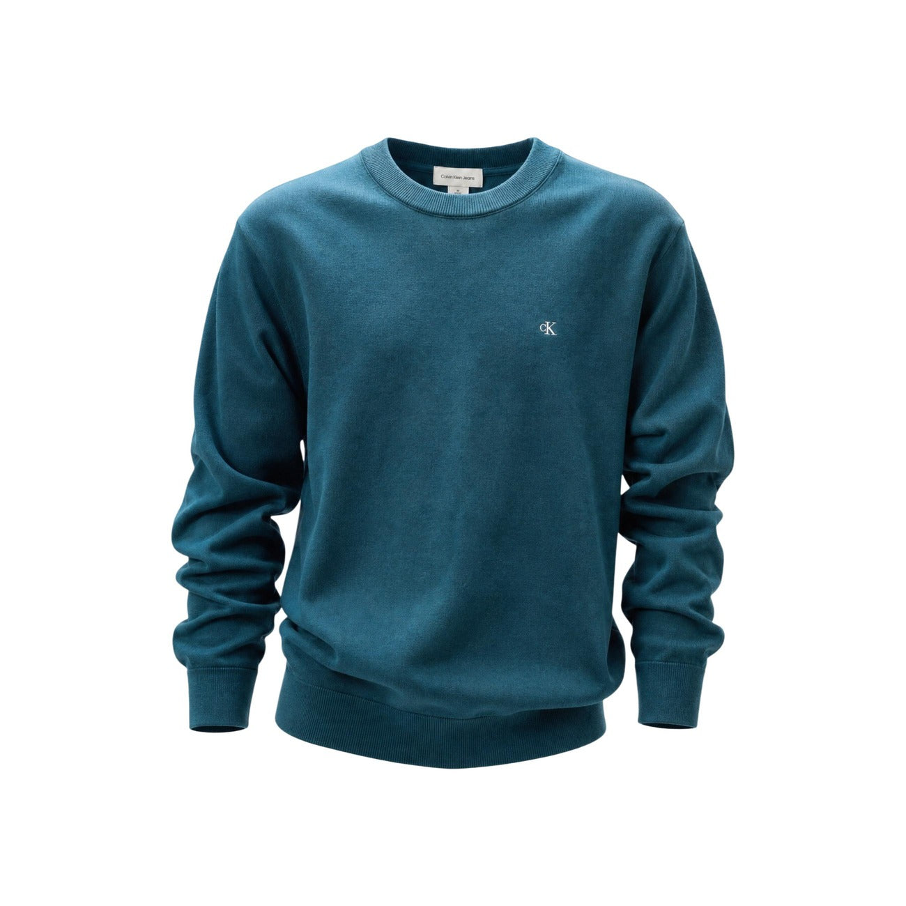 Maglione Verde Calvin Klein Jeans; 100% Cotone. Girocollo, logo CK ricamato, polsini a costine. Tinta unita, stile casual-premium, ideale per la mezza stagione. Frontale stesa 