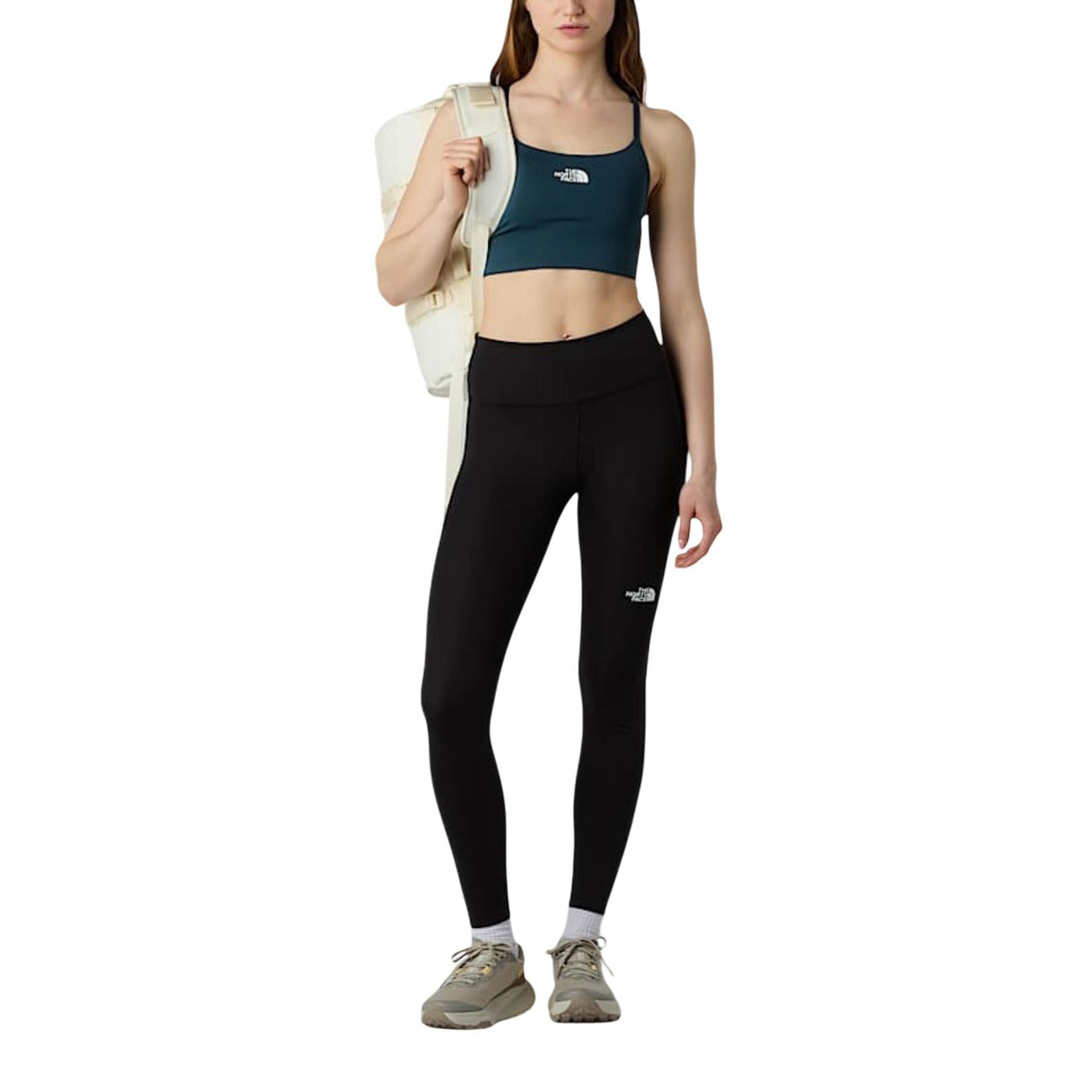 Leggings The North Face Flex donna neri sportivi elasticizzati 77% poliestere 23% elastan - vista frontale indossati da modello
