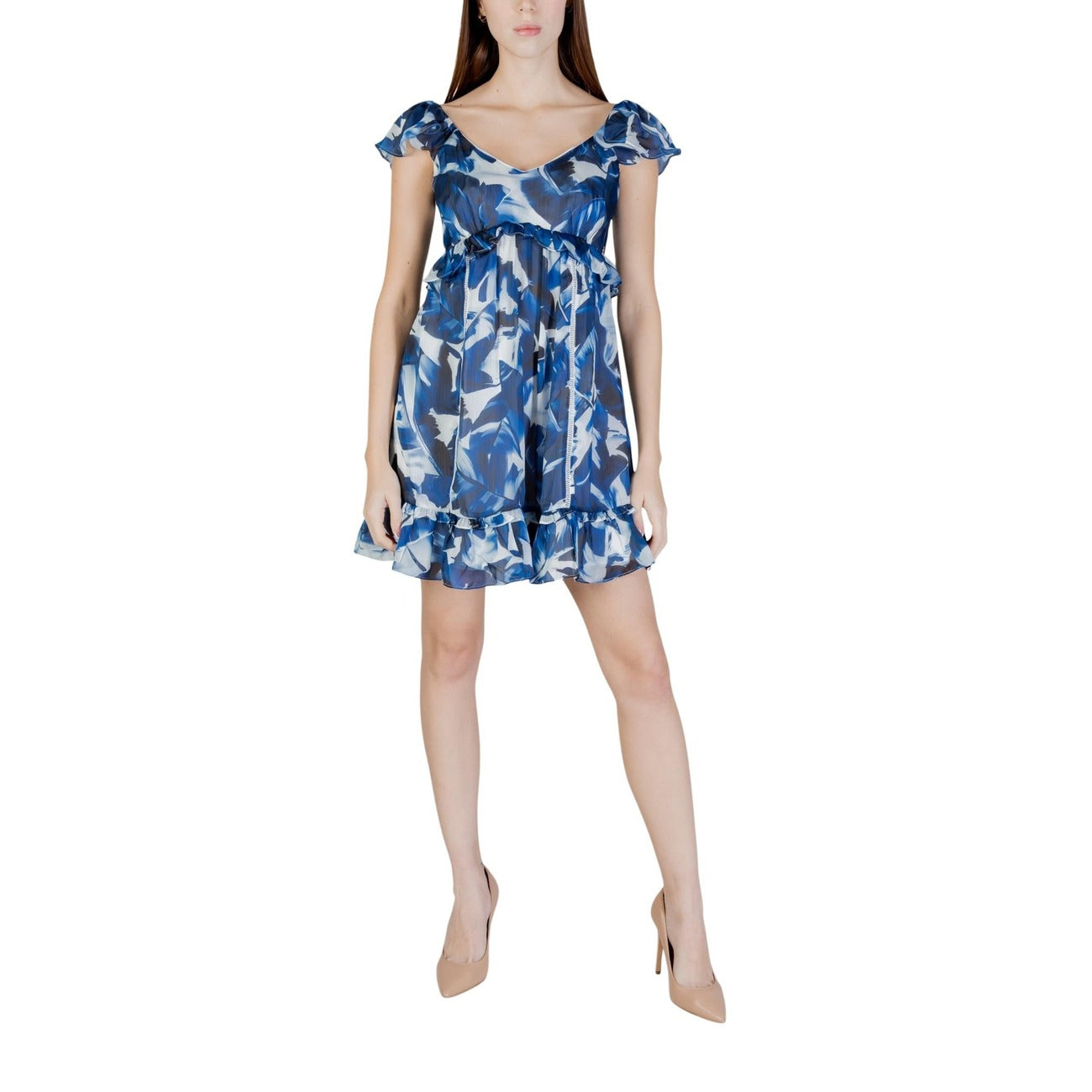 Dettaglio abito Guess ORSOLA FLARE DRESS donna blu floreale con scollo a V e chiusura con cerniera