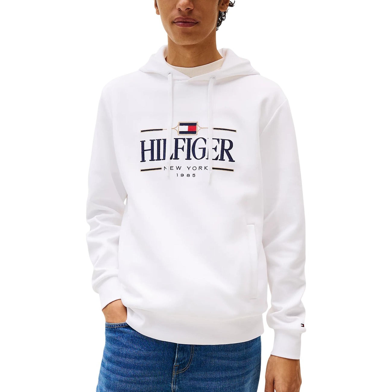Tommy Hilfiger Felpa Cappuccio Uomo Bianco Stampa Manica Lunga Scollo Tondo Tasche Cotone Organico Poliestere Autunno Inverno MW0MW39586