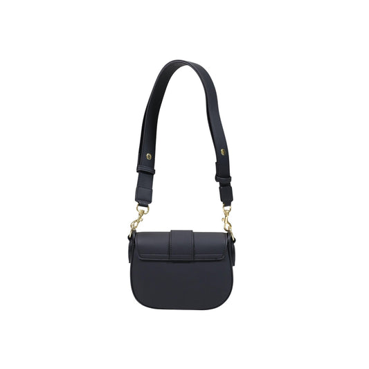 Borsa Love Moschino donna nera a sella modello JC4087PP. Borsetta a tracolla con patta nera, ampia tracolla sportiva/chic regolabile e maxi scritta LOVE in metallo oro sul davanti, stile glamour, moderno e da giorno o sera.