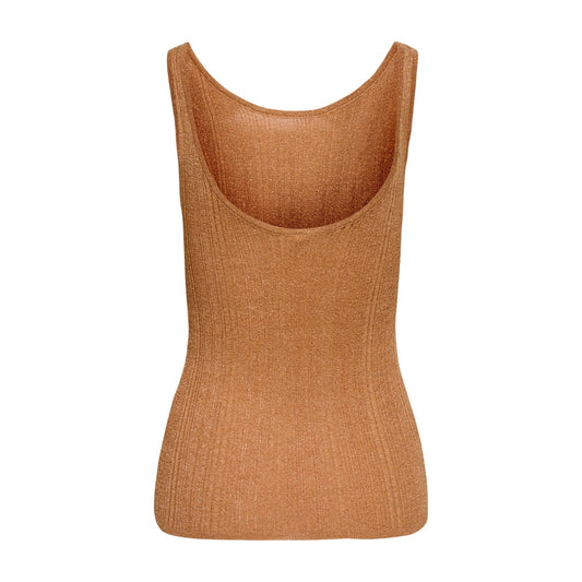 Canotta a costine glitterata Only Onlanna; scollo rotondo, vestibilità aderente. Stile versatile e raffinato per ogni occasione. Colore cammello vista posteriore 